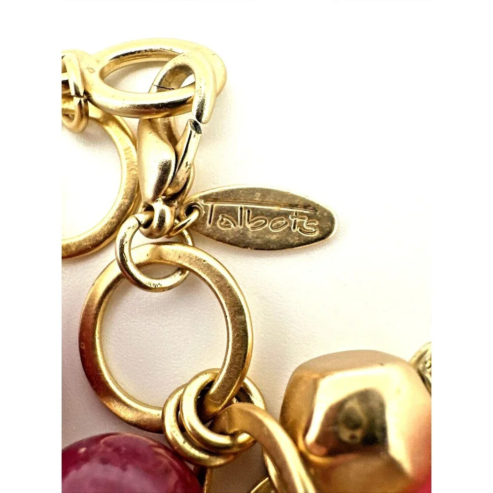 Vintage TALBOTS Station Necklace Pink Stone Glass Bead Gold Tone Link 25